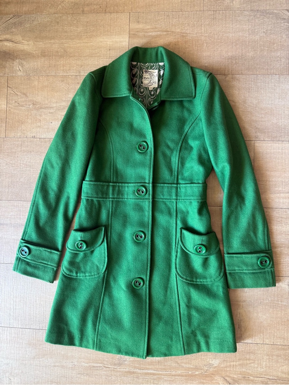 VTG Anthropologie Tulle Wool Blend Mid Length Pea Coat XS Green Winter Retro